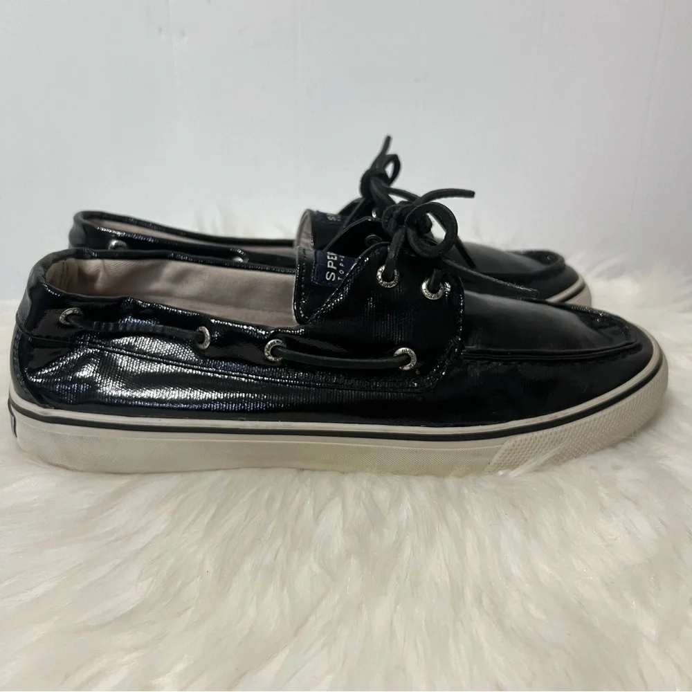 Sperry Top Siders Black Patent Glossy Boat Shoes Coastal Nautical Size 10